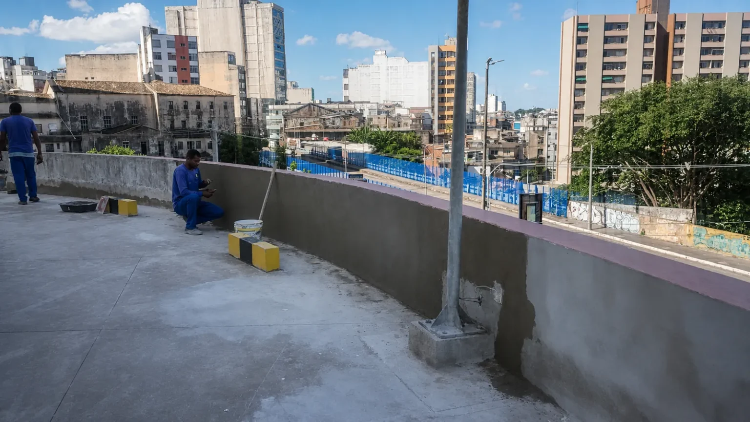 Terraço recuperado, com mureta e platibanda tratadas